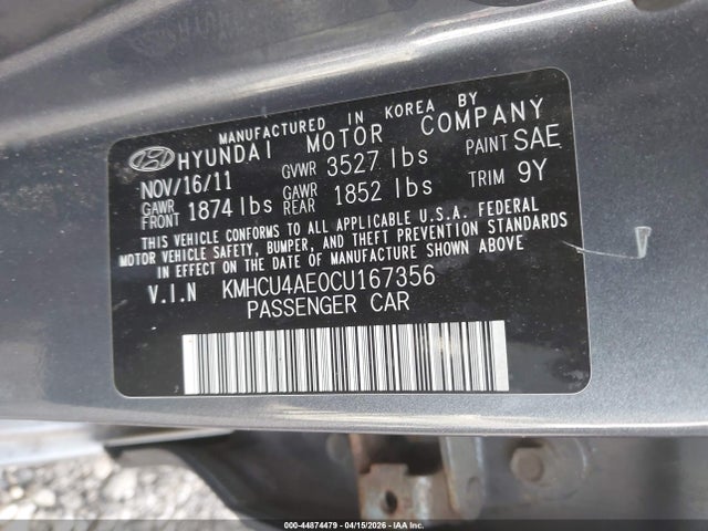 Aukcja sprzedaży 2012 Hyundai Accent Gls, vin: KMHCU4AE0CU167356, numer aukcji: 44874479