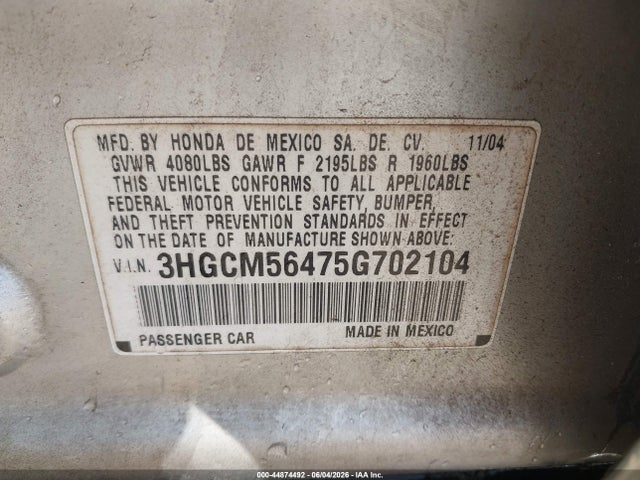 Aukcja sprzedaży 2005 Honda Accord 2.4 Lx, vin: 3HGCM56475G702104, numer aukcji: 44874492