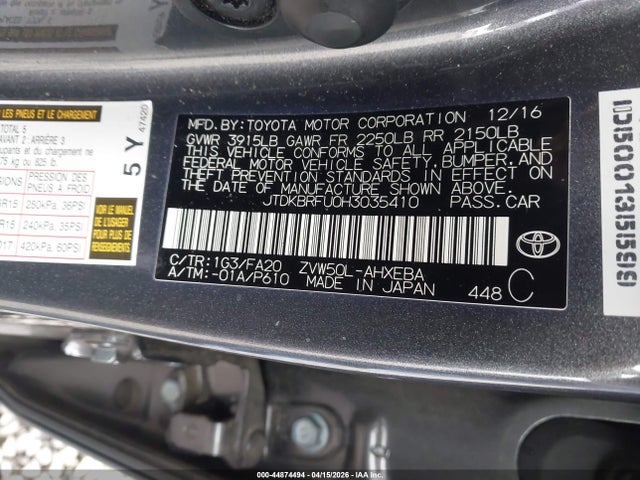 JTDKBRFU0H3035410 Toyota Prius Two