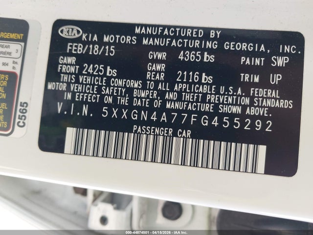 Продажа на аукционе авто 2015 Kia Optima Ex, vin: 5XXGN4A77FG455292, номер лота: 44874501
