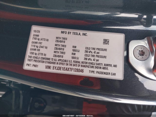 2026 Tesla Model 3 Premium Rear-wheel Drive/standard Rear-wheel Drive მანქანა იყიდება აუქციონზე, vin: 5YJ3E1EAXTF128046, აუქციონის ნომერი: 44874507