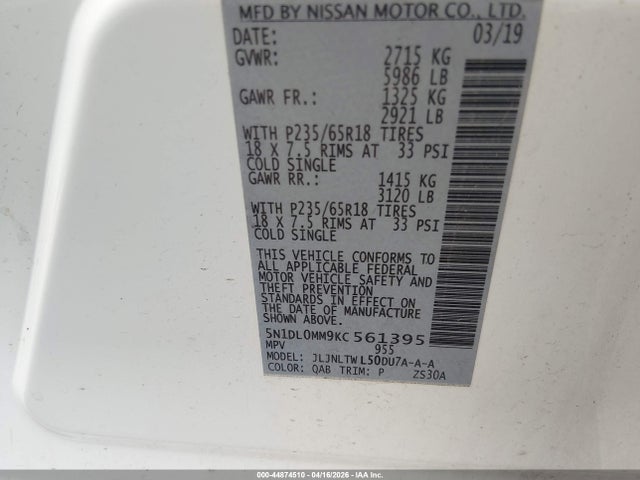 44874510 :رقم المزاد ، 5N1DL0MM9KC561395 vin ، 2019 Infiniti Qx60 Luxe مزاد بيع