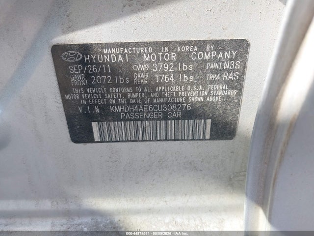 44874511 :رقم المزاد ، KMHDH4AE6CU308276 vin ، 2012 Hyundai Elantra Gls (ulsan Plant) مزاد بيع