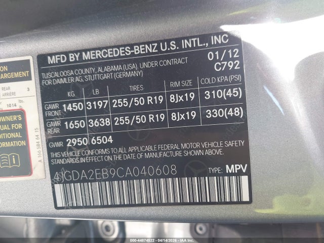 Aukcja sprzedaży 2012 Mercedes-benz Ml 350 Bluetec 4matic, vin: 4JGDA2EB9CA040608, numer aukcji: 44874522
