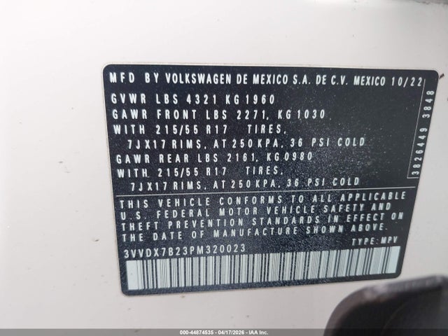 2023 Volkswagen Taos 1.5t S მანქანა იყიდება აუქციონზე, vin: 3VVDX7B23PM320023, აუქციონის ნომერი: 44874535