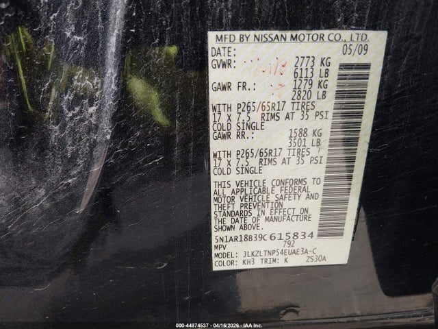 2009 Nissan Pathfinder Se მანქანა იყიდება აუქციონზე, vin: 5N1AR18B39C615834, აუქციონის ნომერი: 44874537