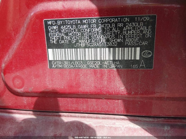 Aukcja sprzedaży 2010 Lexus Is 250, vin: JTHBF5C2XA5113832, numer aukcji: 44874538