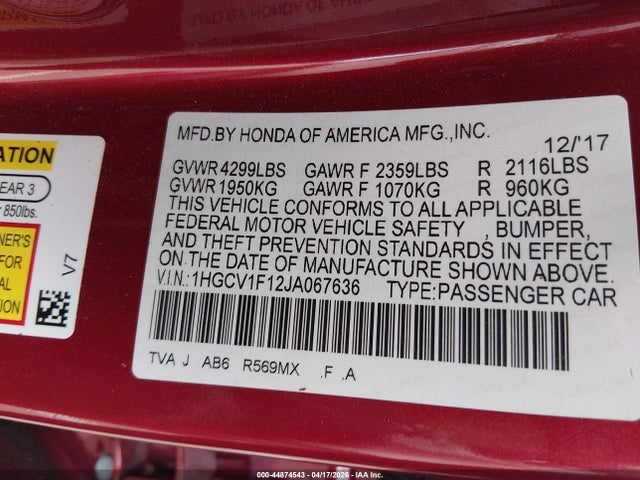 2018 Honda Accord Lx მანქანა იყიდება აუქციონზე, vin: 1HGCV1F12JA067636, აუქციონის ნომერი: 44874543