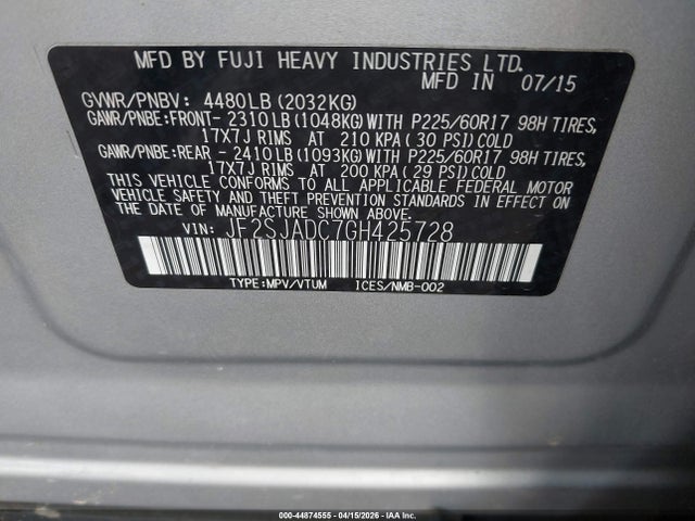 Aukcja sprzedaży 2016 Subaru Forester 2.5i Premium, vin: JF2SJADC7GH425728, numer aukcji: 44874555