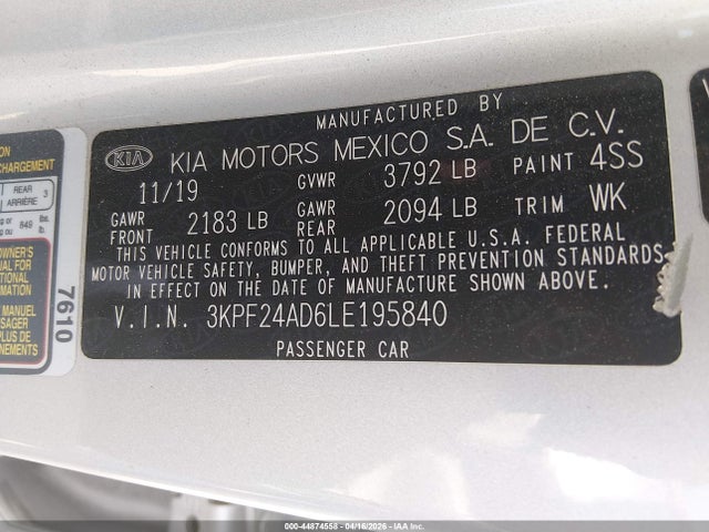Aukcja sprzedaży 2020 Kia Forte Lxs, vin: 3KPF24AD6LE195840, numer aukcji: 44874558