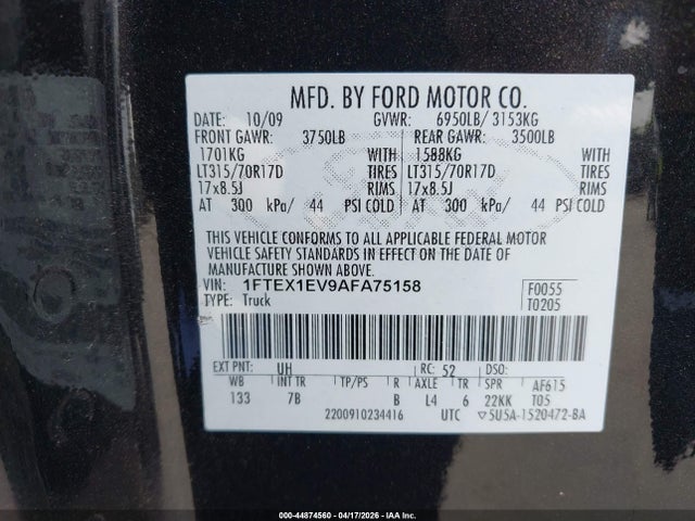 2010 Ford F-150 Svt Raptor მანქანა იყიდება აუქციონზე, vin: 1FTEX1EV9AFA75158, აუქციონის ნომერი: 44874560