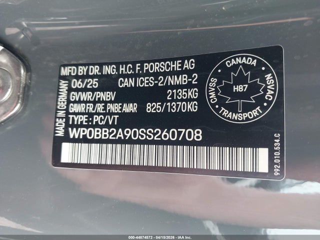 Продаж на аукціоні авто 2025 Porsche 911 Targa 4 Gts, vin: WP0BB2A90SS260708, номер лоту: 44874572