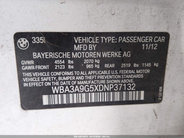 44874576 :رقم المزاد ، WBA3A9G5XDNP37132 vin ، 2013 Bmw 335i مزاد بيع