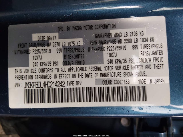2017 Mazda Cx-5 Grand Touring მანქანა იყიდება აუქციონზე, vin: JM3KFBDL4H0214242, აუქციონის ნომერი: 44874596