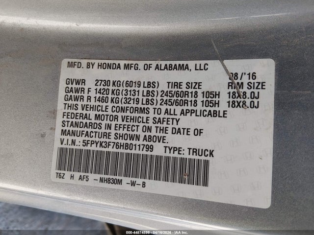 44874598 :رقم المزاد ، 5FPYK3F76HB011799 vin ، 2017 Honda Ridgeline Rtl-e مزاد بيع
