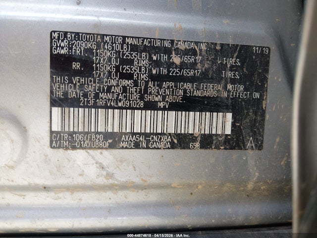 Aukcja sprzedaży 2020 Toyota Rav4 Le, vin: 2T3F1RFV4LW091028, numer aukcji: 44874618