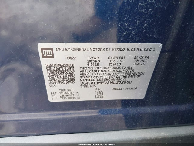 Aukcja sprzedaży 2022 Gmc Terrain Fwd Sle, vin: 3GKALMEV3NL302968, numer aukcji: 44874621