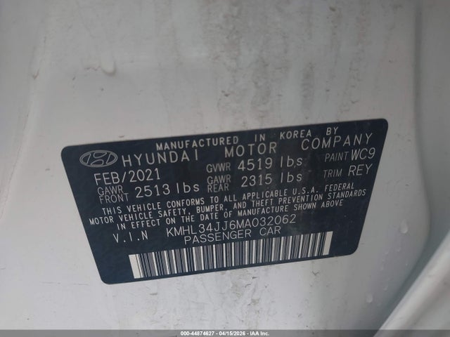 44874627 :رقم المزاد ، KMHL34JJ6MA032062 vin ، 2021 Hyundai Sonata Sel مزاد بيع