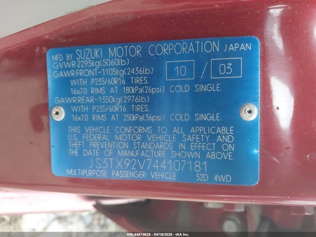 2004 Suzuki Xl-7 Ex/lx მანქანა იყიდება აუქციონზე, vin: JS3TX92V744107181, აუქციონის ნომერი: 44874629