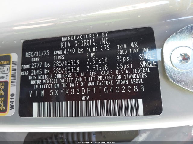 Продаж на аукціоні авто 2026 Kia Sportage Ex, vin: 5XYK33DF1TG402088, номер лоту: 44874633