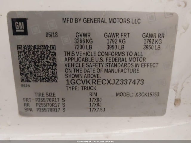 Aukcja sprzedaży 2018 Chevrolet Silverado 1500 1lt, vin: 1GCVKRECXJZ337473, numer aukcji: 44874634