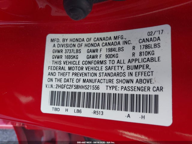 Aukcja sprzedaży 2017 Honda Civic Lx, vin: 2HGFC2F58HH521556, numer aukcji: 44874635