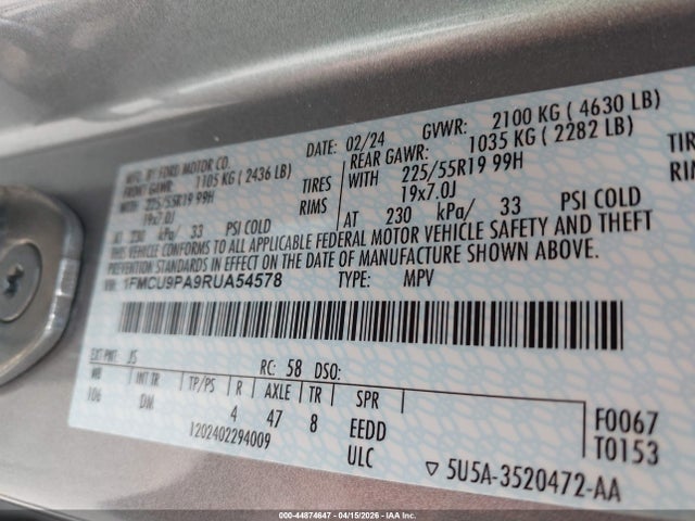 2024 Ford Escape St-line Elite მანქანა იყიდება აუქციონზე, vin: 1FMCU9PA9RUA54578, აუქციონის ნომერი: 44874647