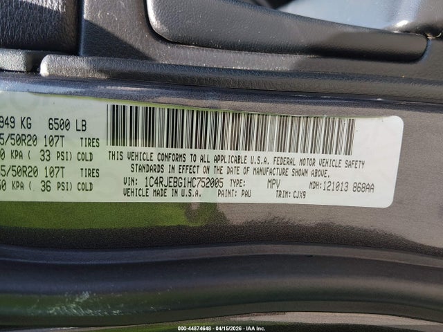 2017 Jeep Grand Cherokee Limited 4x2 მანქანა იყიდება აუქციონზე, vin: 1C4RJEBG1HC752005, აუქციონის ნომერი: 44874648