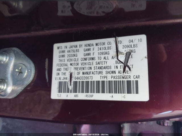 44874654 :رقم المزاد ، JH4CU2F64AC026673 vin ، 2010 Acura Tsx 2.4 مزاد بيع