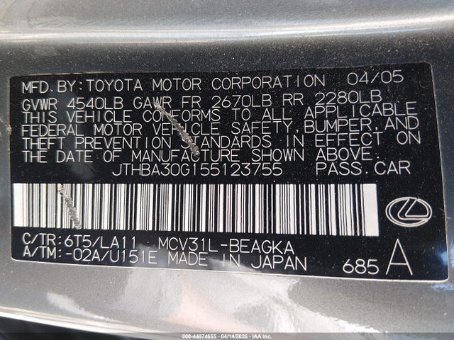 Продажа на аукционе авто 2005 Lexus Es 330, vin: JTHBA30G155123755, номер лота: 44874655