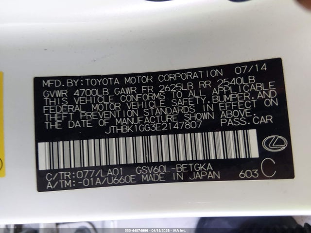44874656 :رقم المزاد ، JTHBK1GG3E2147807 vin ، 2014 Lexus Es 350 مزاد بيع