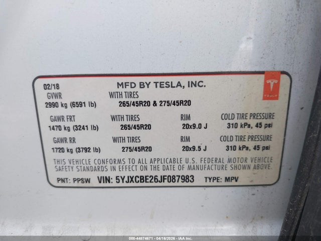 Продажа на аукционе авто 2018 Tesla Model X 100d/75d/p100d, vin: 5YJXCBE26JF087983, номер лота: 44874671