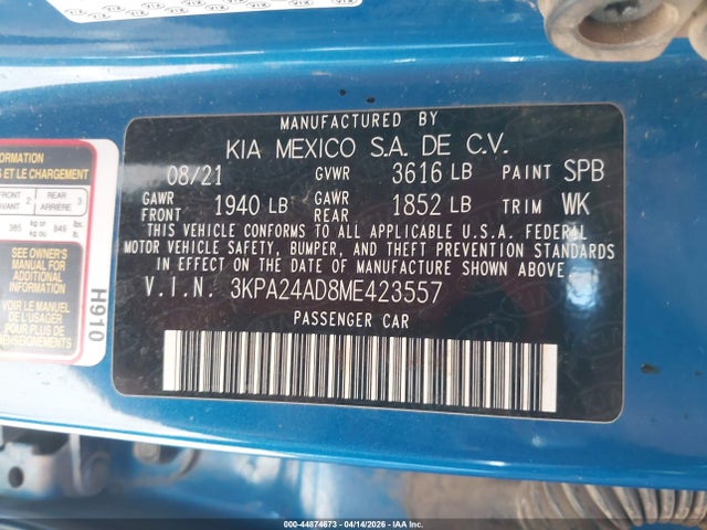 3KPA24AD8ME423557 KIA RIO S