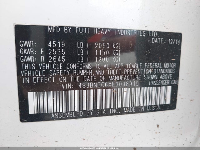 44874675 :رقم المزاد ، 4S3BNBC6XF3038915 vin ، 2015 Subaru Legacy 2.5i Premium مزاد بيع