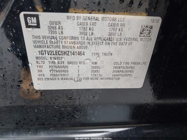 44874674 :رقم المزاد ، 1GTV2LEC5HZ141464 vin ، 2017 Gmc Sierra 1500 مزاد بيع