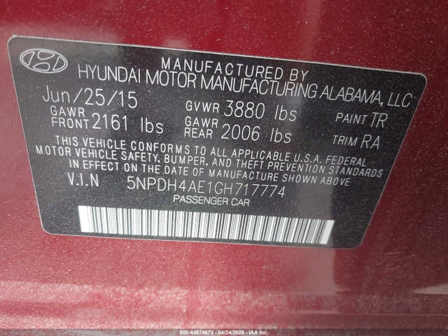 Продаж на аукціоні авто 2016 Hyundai Elantra Se, vin: 5NPDH4AE1GH717774, номер лоту: 44874678