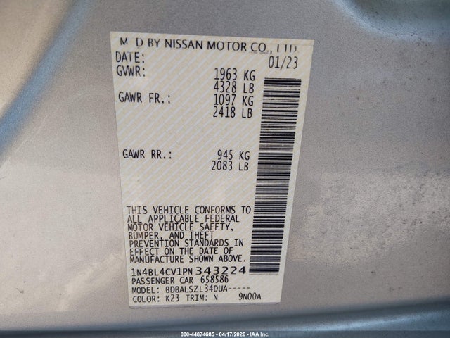 Aukcja sprzedaży 2023 Nissan Altima Sr Fwd, vin: 1N4BL4CV1PN343224, numer aukcji: 44874685