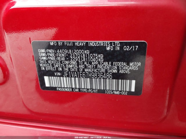 Продаж на аукціоні авто 2017 Subaru Wrx Premium, vin: JF1VA1E67H9836486, номер лоту: 44874687