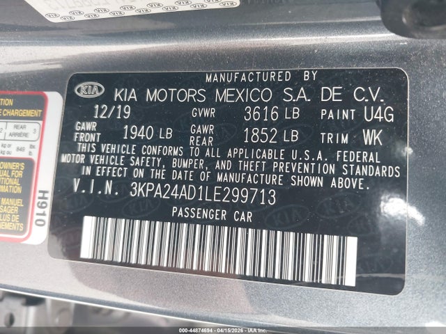 44874694 :رقم المزاد ، 3KPA24AD1LE299713 vin ، 2020 Kia Rio S مزاد بيع