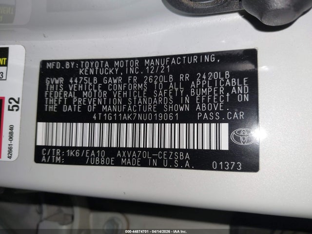 Auction sale of the 2022 Toyota Camry Se, vin: 4T1G11AK7NU019061, lot number: 44874701