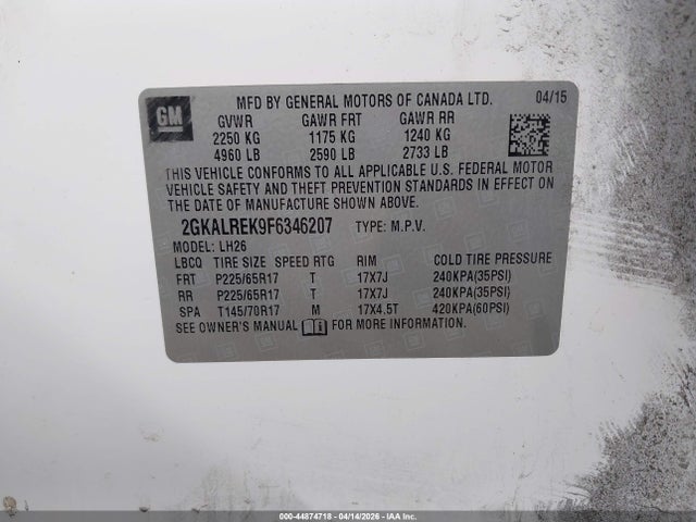 Aukcja sprzedaży 2015 Gmc Terrain Sle-2, vin: 2GKALREK9F6346207, numer aukcji: 44874718