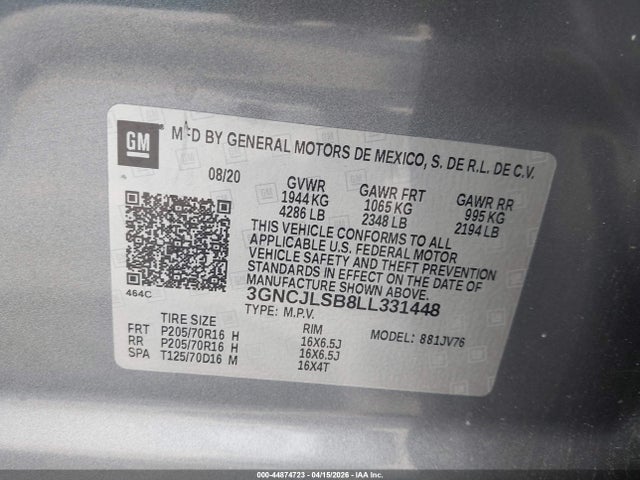 Продажа на аукционе авто 2020 Chevrolet Trax Fwd Lt, vin: 3GNCJLSB8LL331448, номер лота: 44874723