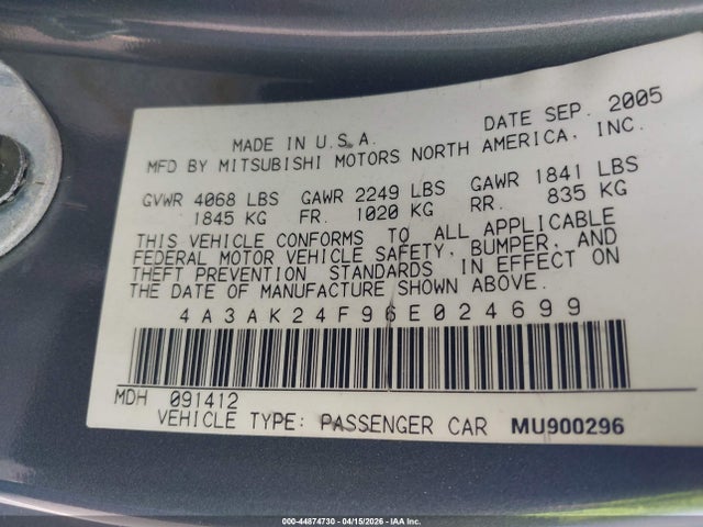 Продаж на аукціоні авто 2006 Mitsubishi Eclipse Gs, vin: 4A3AK24F96E024699, номер лоту: 44874730