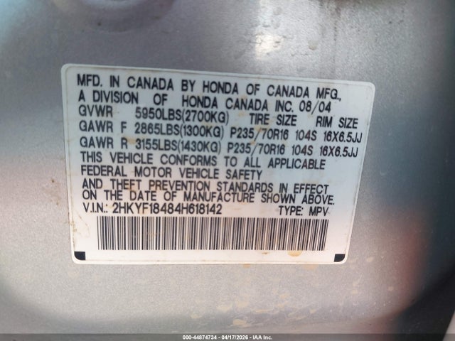44874734 :رقم المزاد ، 2HKYF18484H618142 vin ، 2004 Honda Pilot Ex مزاد بيع