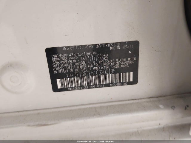 Продажа на аукционе авто 2012 Subaru Impreza Wrx, vin: JF1GR7E61CG200185, номер лота: 44874742