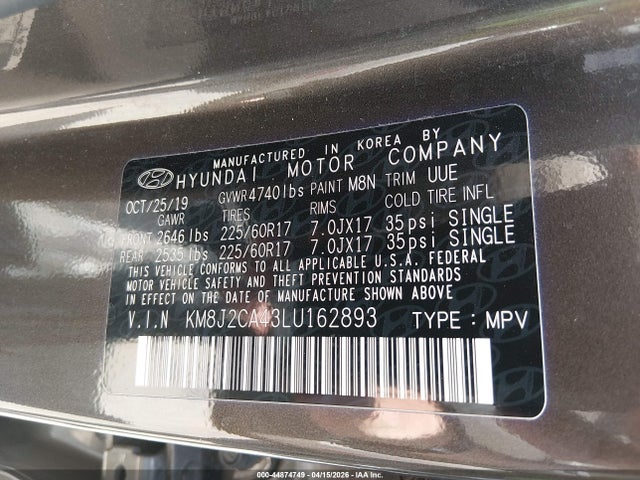 44874749 :رقم المزاد ، KM8J2CA43LU162893 vin ، 2020 Hyundai Tucson Se مزاد بيع