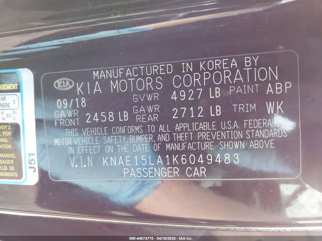 Aukcja sprzedaży 2019 Kia Stinger, vin: KNAE15LA1K6049483, numer aukcji: 44874770