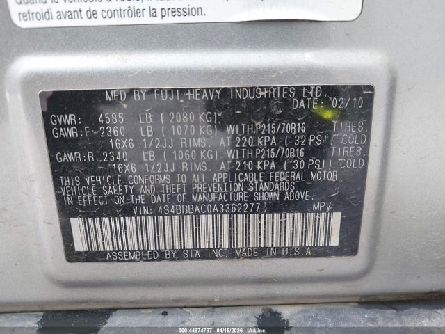 Aukcja sprzedaży 2010 Subaru Outback 2.5i, vin: 4S4BRBAC0A3362277, numer aukcji: 44874787