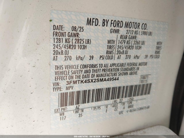 Продаж на аукціоні авто 2025 Ford Mustang Mach-e Gt, vin: 3FMTK4SX2SMA49544, номер лоту: 44874795