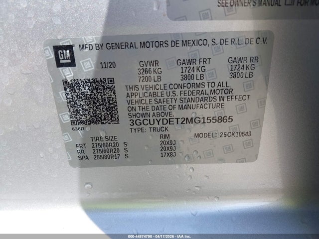Продаж на аукціоні авто 2021 Chevrolet Silverado 1500 4wd  Short Bed Lt, vin: 3GCUYDET2MG155865, номер лоту: 44874798